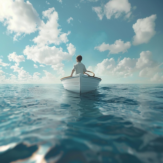 3d rendered photo of Boy Enjoy Driving A Boat In The Middle of The Sea