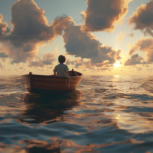 3d rendered photo of Boy Enjoy Driving A Boat In The Middle of The Sea