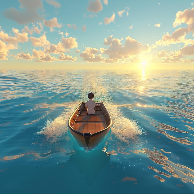 3d rendered photo of Boy Enjoy Driving A Boat In The Middle of The Sea