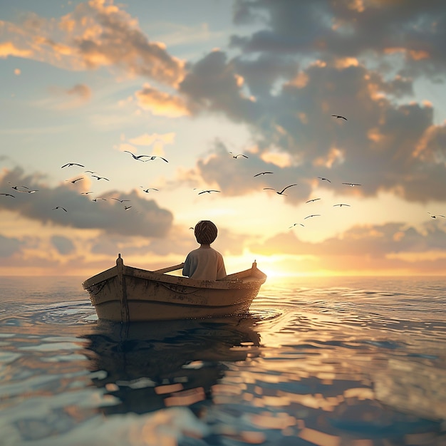 3d rendered photo of Boy Enjoy Driving A Boat In The Middle of The Sea