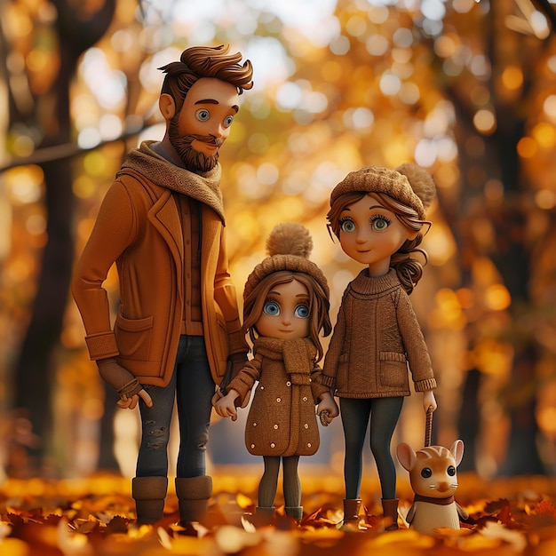 3d rendered Photo of cute and stylish family in a autumn park