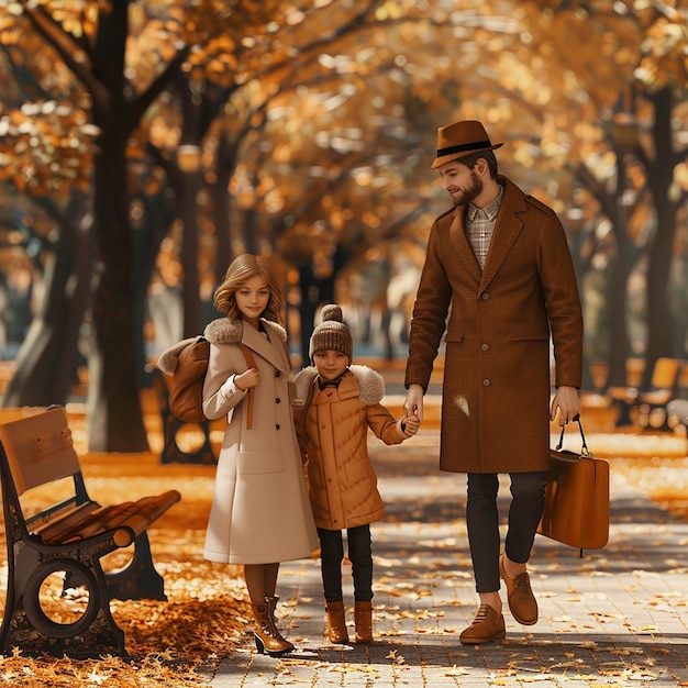 秋の公園で可愛くてスタイリッシュな家族の3Dレンダリング写真