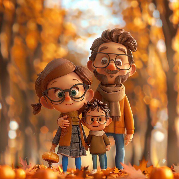 Photo 3d rendered photo of cute and stylish family in a autumn park