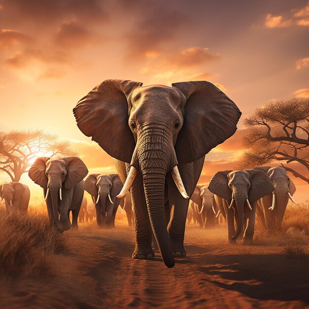해가 지는 것에 대한 코끼리 무리의 3D 렌더링 사진