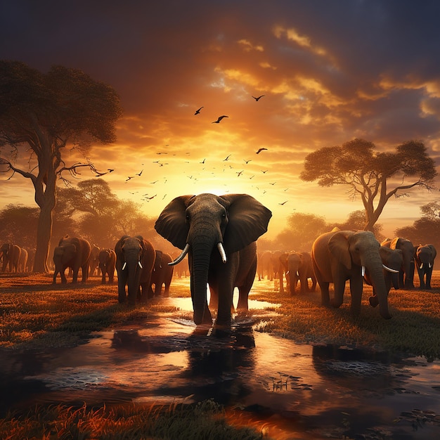 3d rendered photo of Elephant herd against the sunset