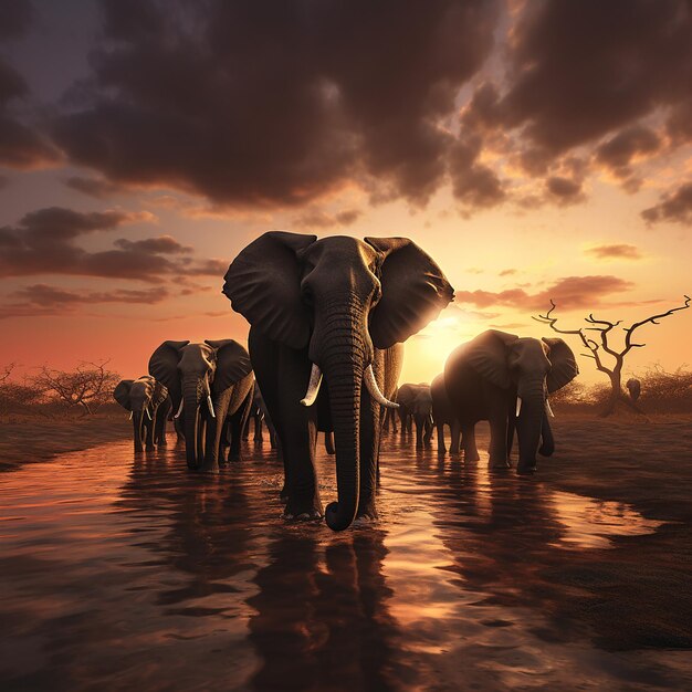 3d rendered photo of Elephant herd against the sunset