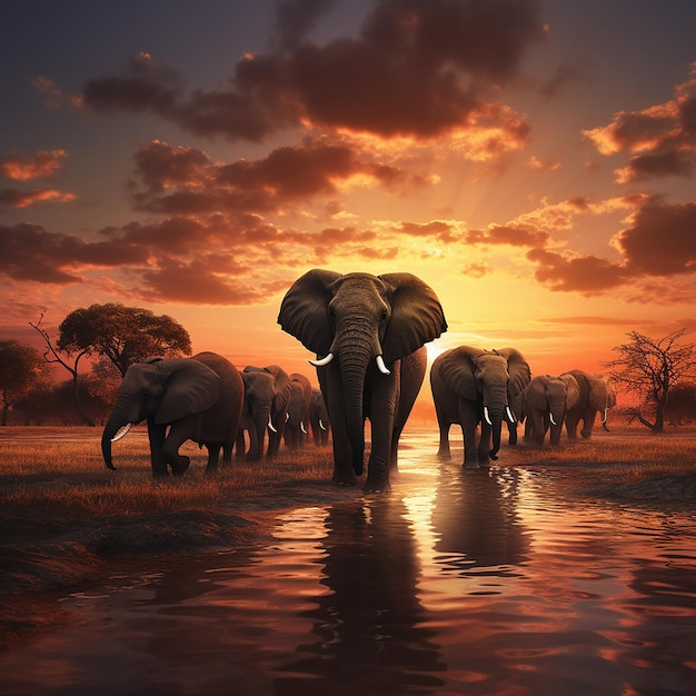 3d rendered photo of Elephant herd against the sunset