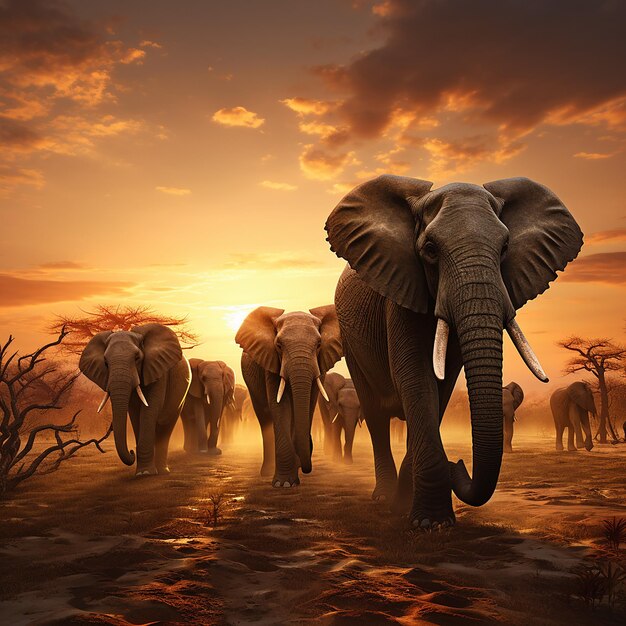 3d rendered photo of Elephant herd against the sunset