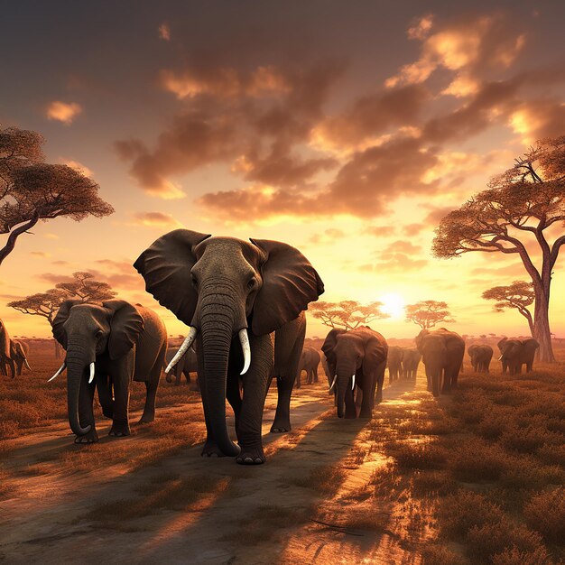 3d rendered photo of Elephant herd against the sunset