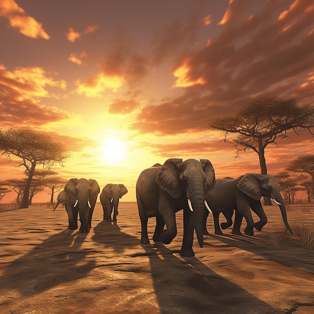 3d rendered photo of Elephant herd against the sunset