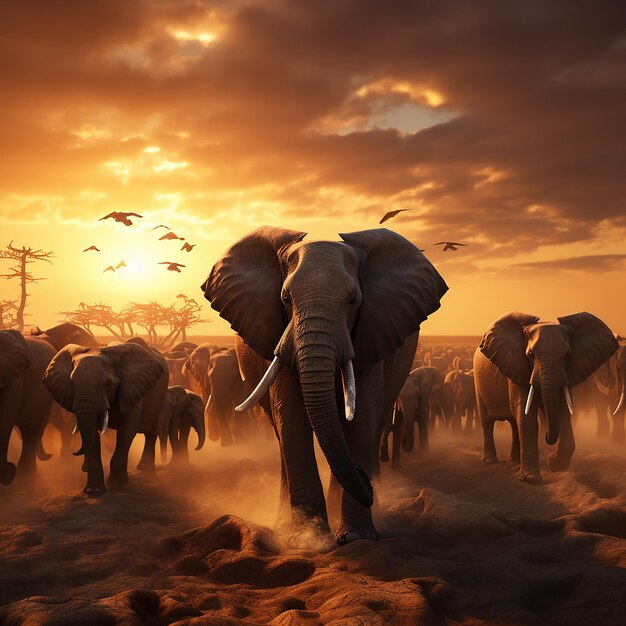 3d rendered photo of Elephant herd against the sunset