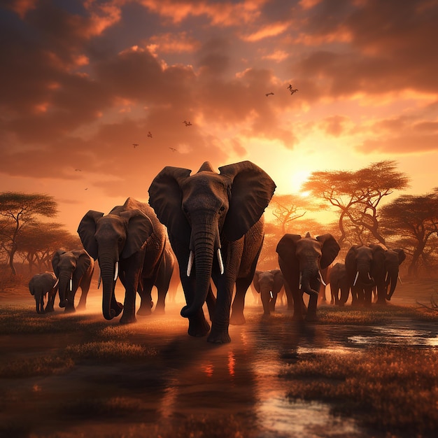 3d rendered photo of Elephant herd against the sunset