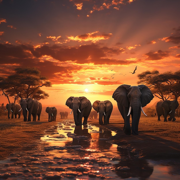 3d rendered photo of Elephant herd against the sunset