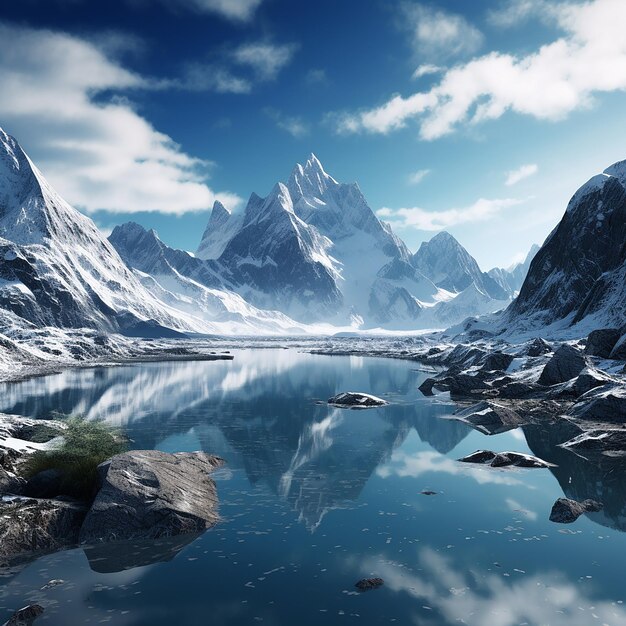 Photo 3d rendered photo of fantasy mountains illustration with a lot of snow and a lake