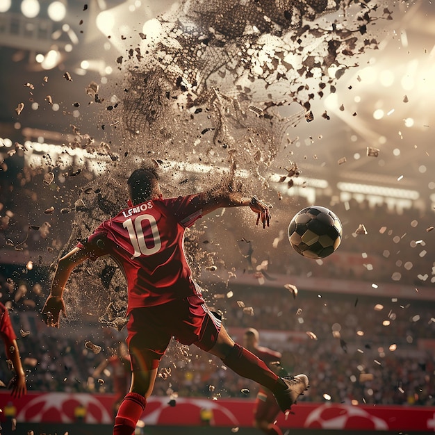 3d rendered photo of a football player with 10 number shirt in the stadium infront of 100000 crowd s