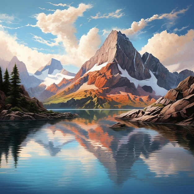 3d rendered photo of Free photo a painting of a mountain lake with a mountain