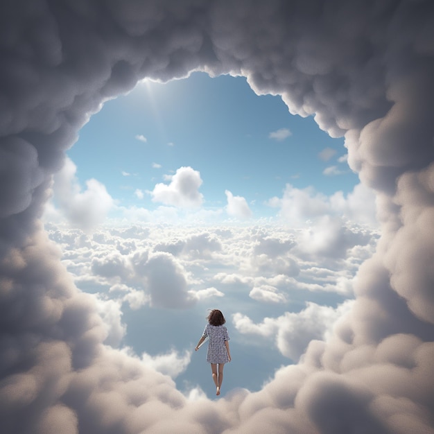 Photo 3d rendered photo of a girl hiding in open sky