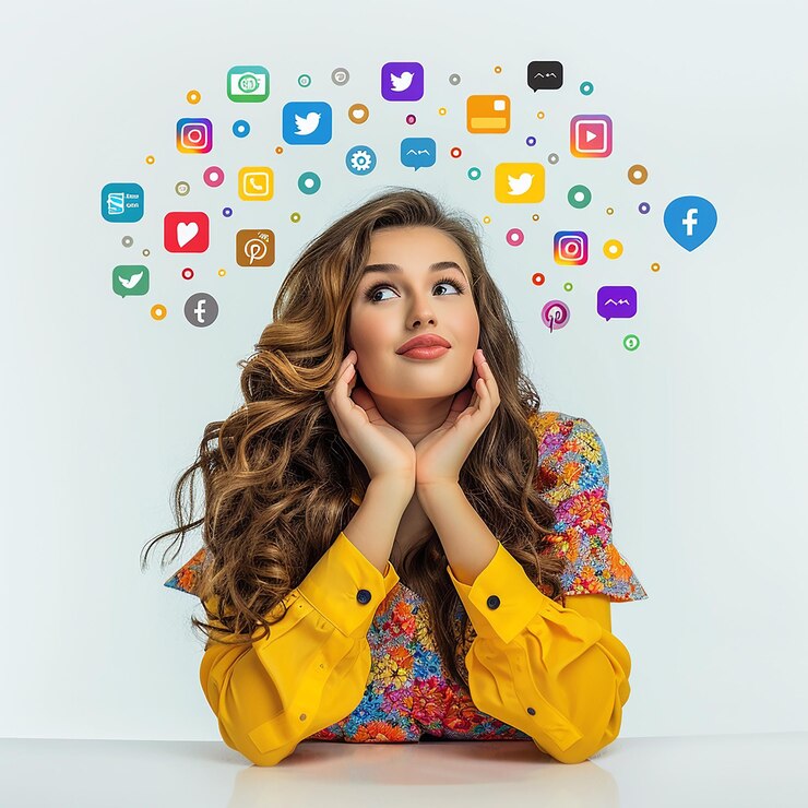 3d rendered photo of a girl sitting at the table looking up smiling around the social media icons