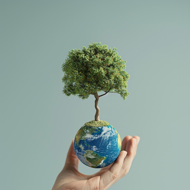 3d rendered photo of happy world earth day holding tree in hand