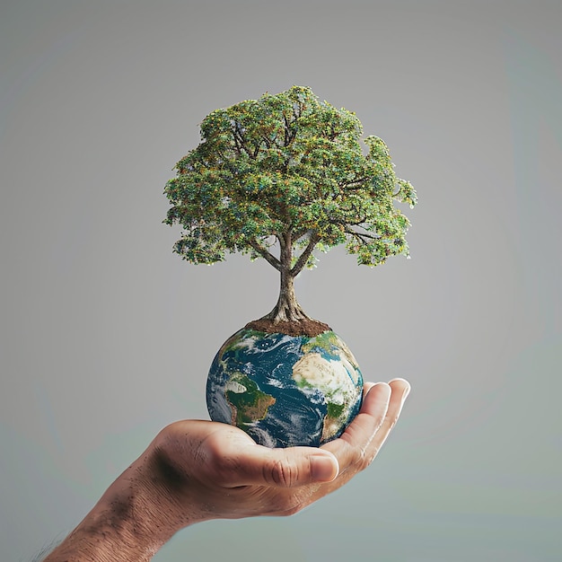3d rendered photo of happy world earth day holding tree in hand