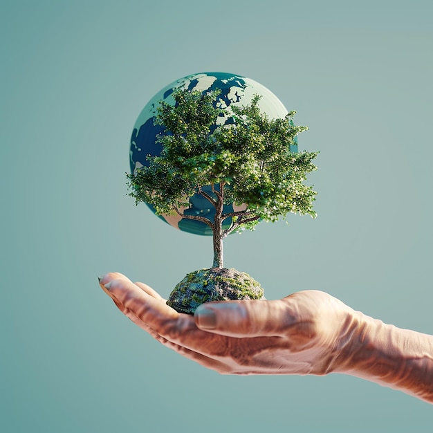 3d rendered photo of happy world earth day holding tree in hand