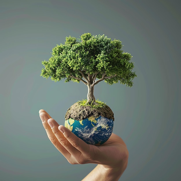 3d rendered photo of happy world earth day holding tree in hand