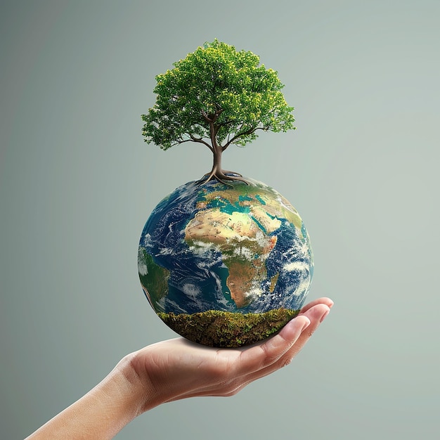 3d rendered photo of happy world earth day holding tree in hand