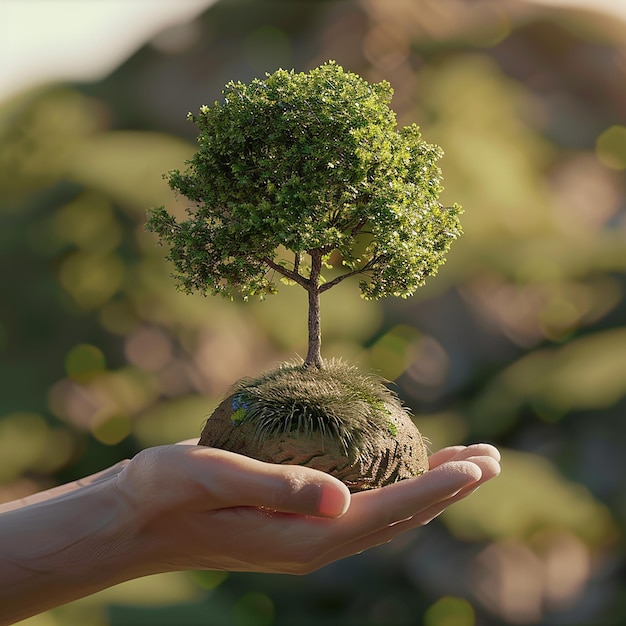 손에 나무를 들고 있는 행복한 세계 지구의 날의 3D 렌더링 사진