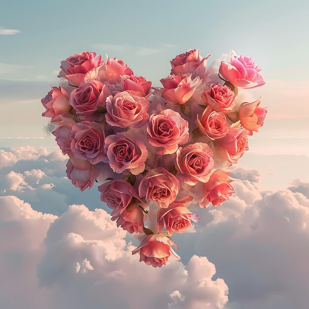 Photo 3d rendered photo of a heart made of pink roses with a heart in the middle