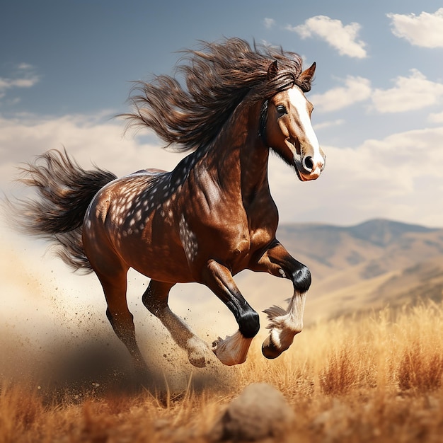 3D-рендеринг фотографии лошади, бегущей по полям