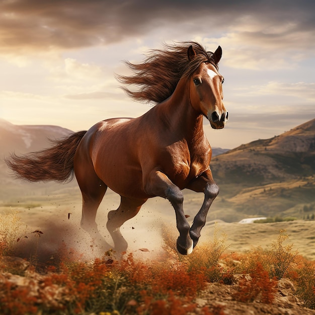 Foto foto renderizzata in 3d di un cavallo che corre sui campi