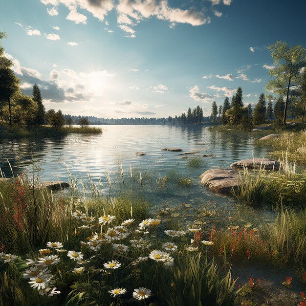 Photo 3d rendered photo of lake view