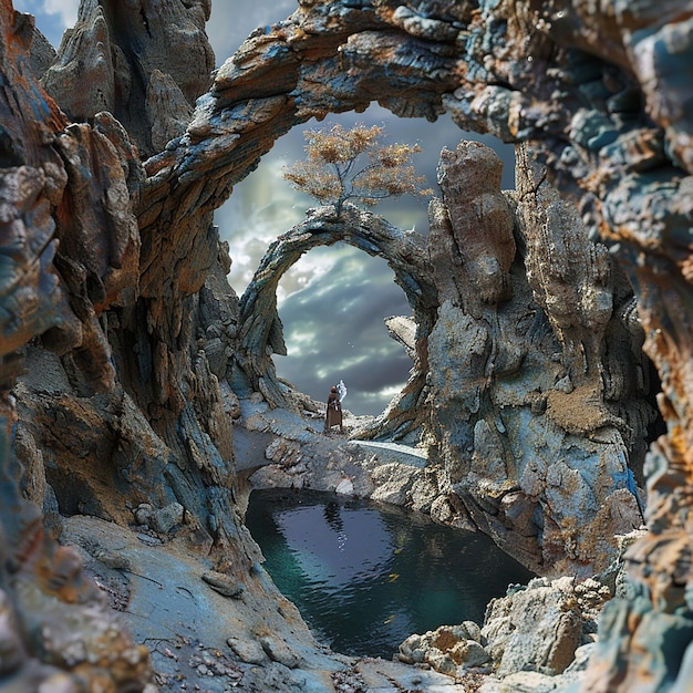 3d rendered photo of a landscape with a lake and a large rock formation