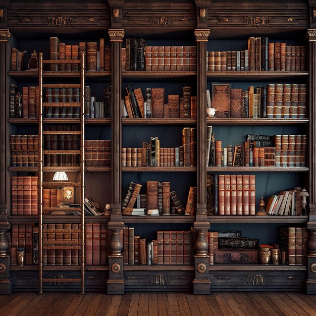 3d rendered photo of Large collection of old books on wooden shelves