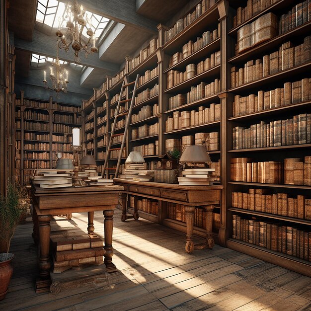 Photo 3d rendered photo of large collection of old books on wooden shelves