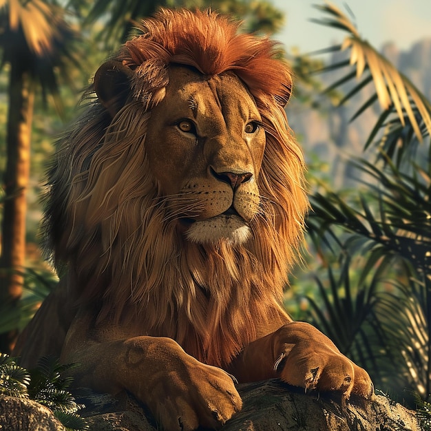 Foto foto renderizzata in 3d di un leone con sfondo naturale