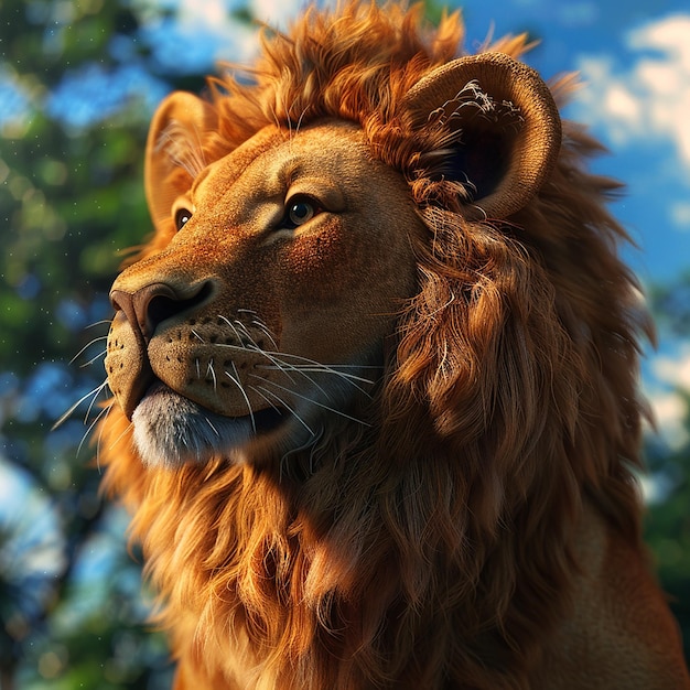 3Dレンダリングのライオンと自然の背景