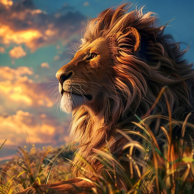 3d rendered photo of lion with nature background