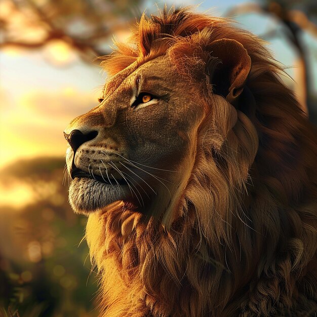 3Dレンダリングのライオンと自然の背景