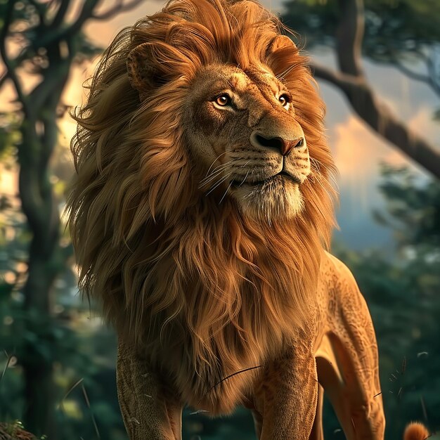 3d rendered photo of lion with nature background