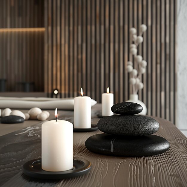 3d rendered photo of Massage table setting with white candles and black stones