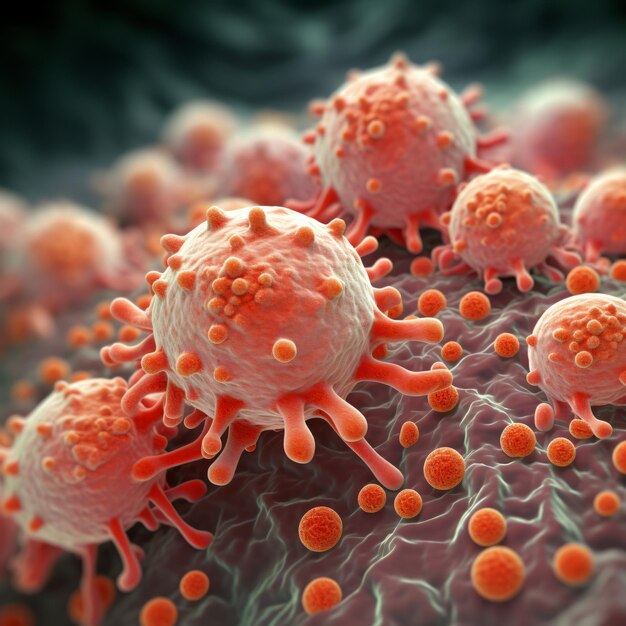 3d rendered photo medical concept of leukemia cell closeup under abstract microscope