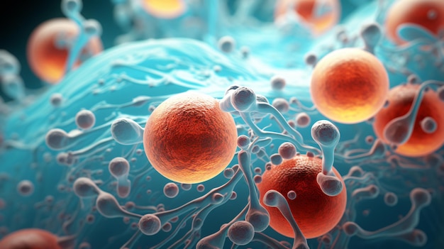 3D 렌더링 사진 의학 개념: 추상 현미경 아래의 난소 세포 클로즈업