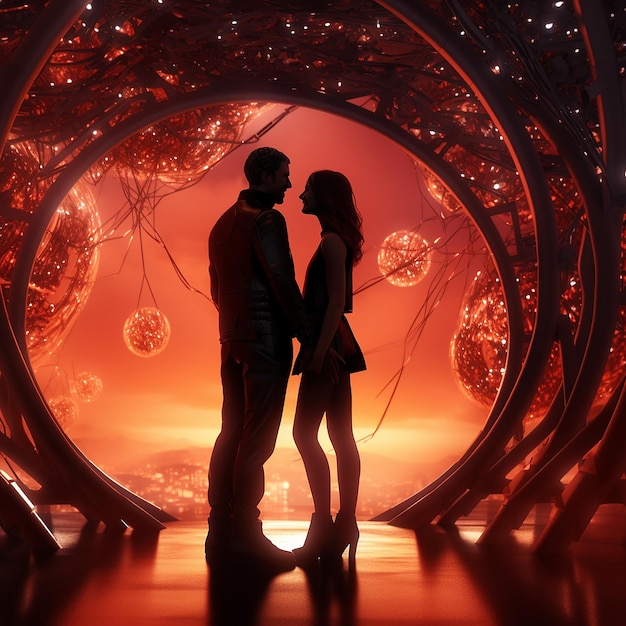 Foto foto renderizzata in 3d di una coppia romantica futuristica.