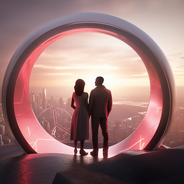 Foto foto renderizzata in 3d di una coppia romantica futuristica.