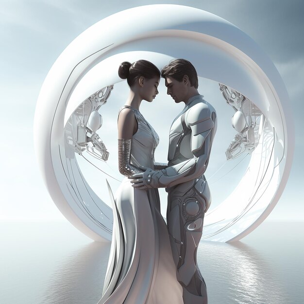 Foto foto renderizzata in 3d di una coppia romantica futuristica.