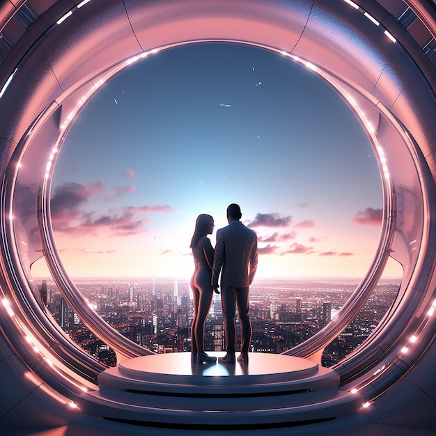 Foto foto renderizzata in 3d di una coppia romantica futuristica.