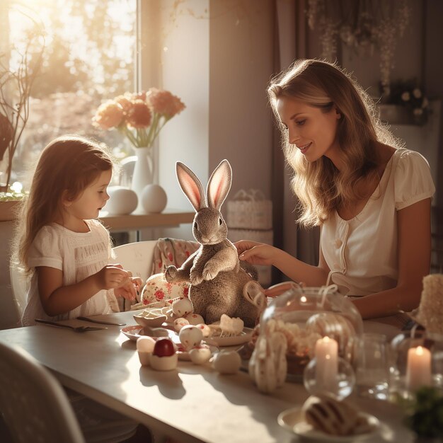 Photo 3d rendered photo of mother and children at the easter table selective focus holiday