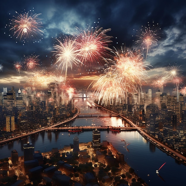 Photo 3d rendered photo of new year firework in city