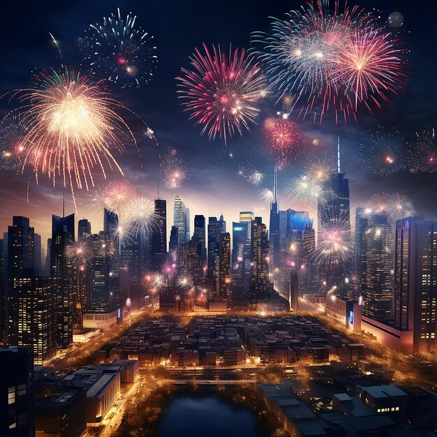Photo 3d rendered photo of new year firework in city